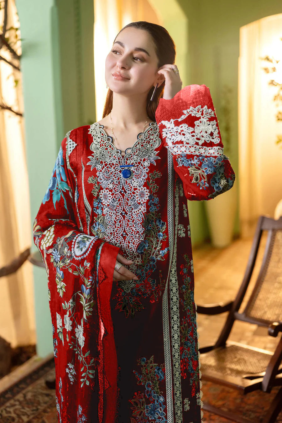 Mahid Collection Red Cotton Printed Pakistani Salwar Kameez with Matching Dupatta