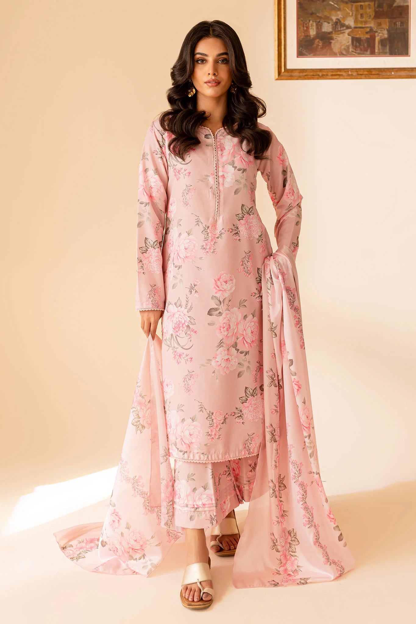 Light Pink Ready-to-Wear Poly Lawn Salwar Kameez with Printed Monar Dupatta & Printed Trouser