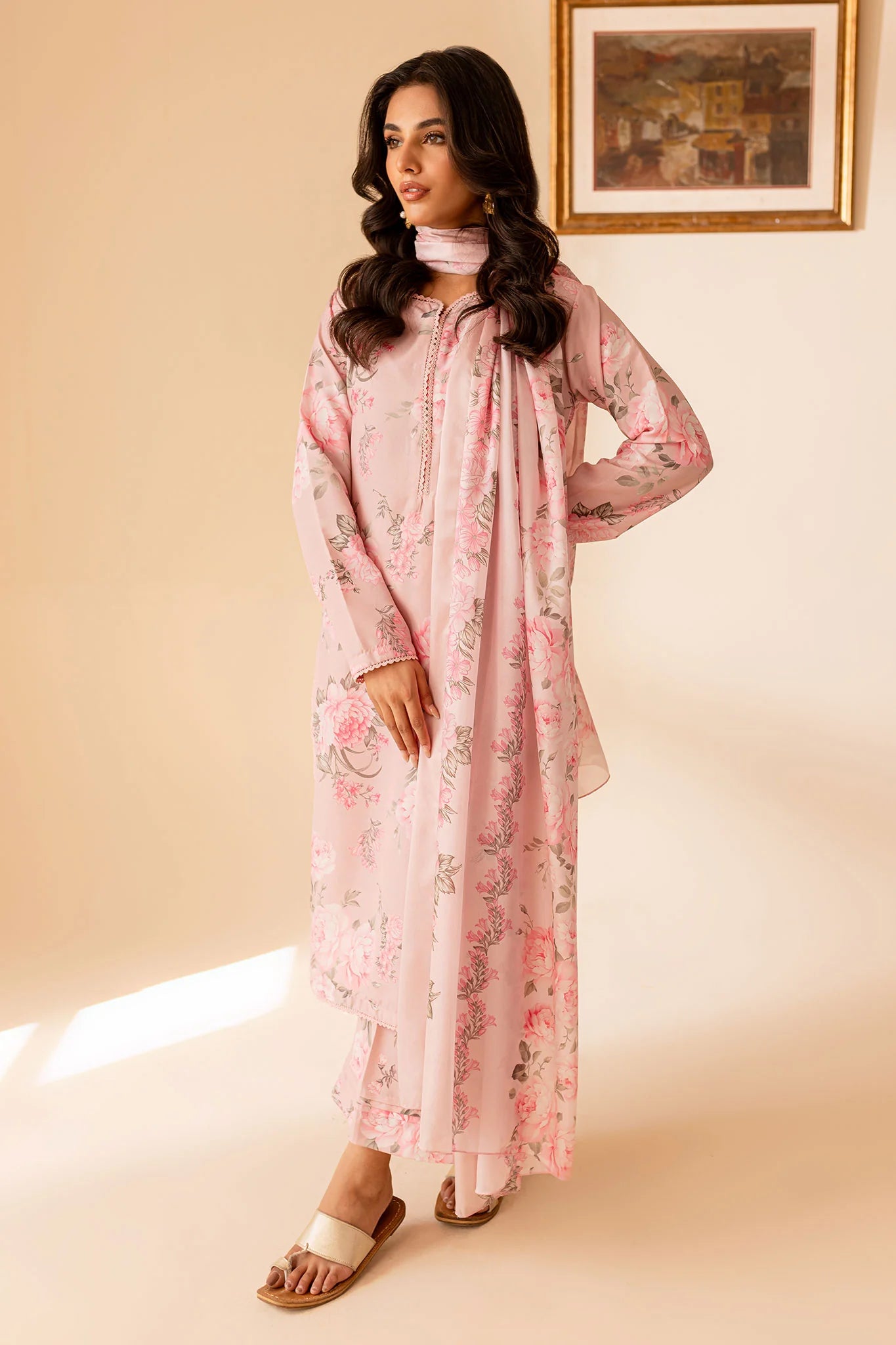 Light Pink Ready-to-Wear Poly Lawn Salwar Kameez with Printed Monar Dupatta & Printed Trouser