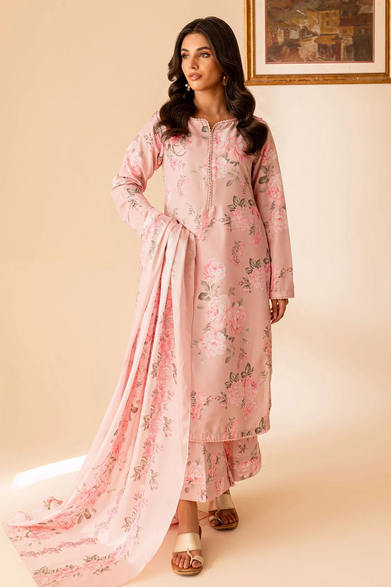 Light Pink Ready-to-Wear Poly Lawn Salwar Kameez with Printed Monar Dupatta & Printed Trouser