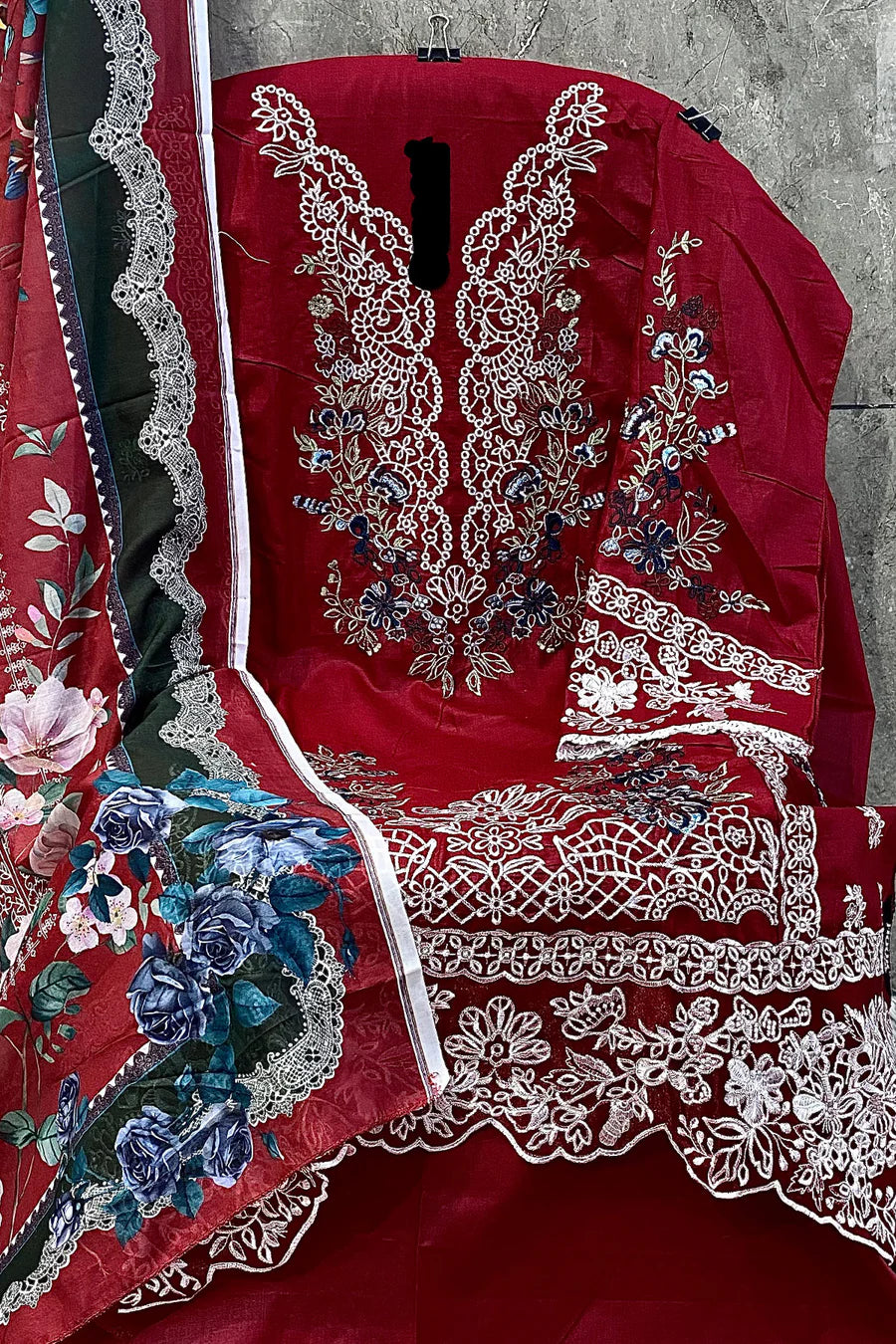 Mahid Collection Red Cotton Printed Pakistani Salwar Kameez with Matching Dupatta