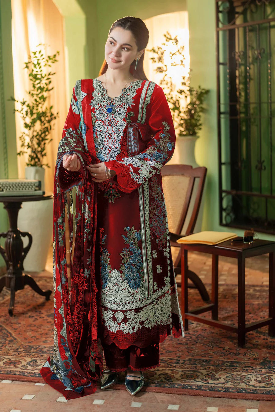Mahid Collection Red Cotton Printed Pakistani Salwar Kameez with Matching Dupatta