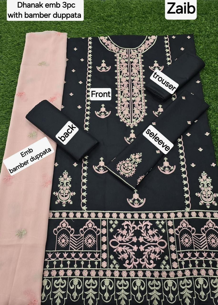 Dhanak EMB 3-Piece Suit with Bamber Embroidered Dupatta