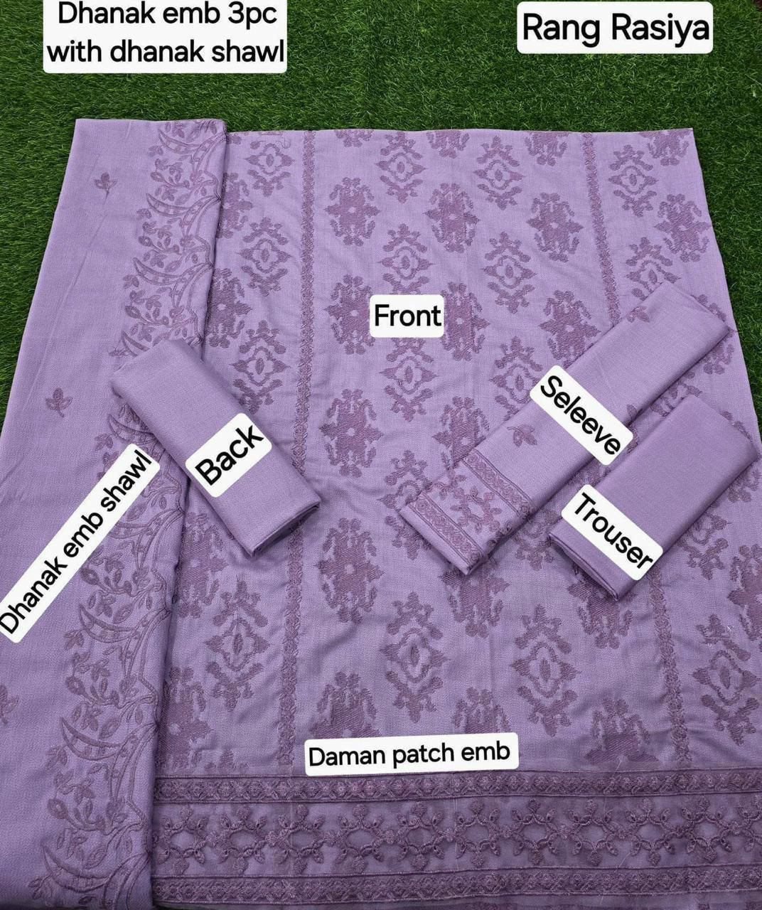 Dhanak Embroidered 3-Piece Suit with Matching Dhanak Embroidered Dupatta