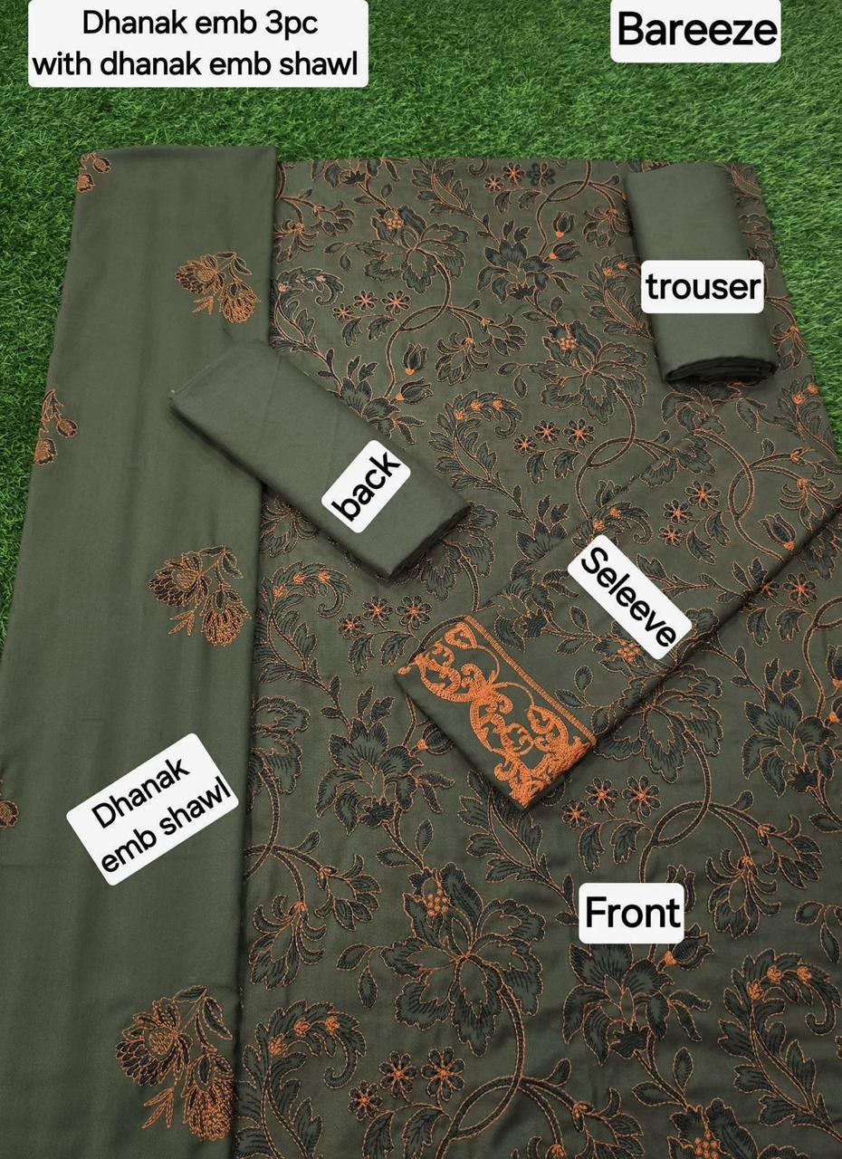 Dhanak Embroidered 3-Piece Suit with Matching Dhanak Embroidered Dupatta
