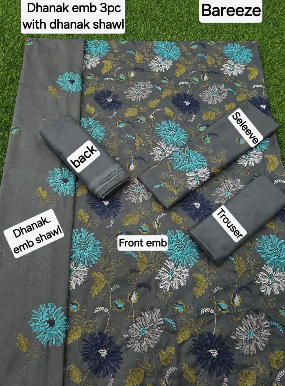 Dhanak Embroidered 3-Piece Suit with Matching Dhanak Embroidered Dupatta