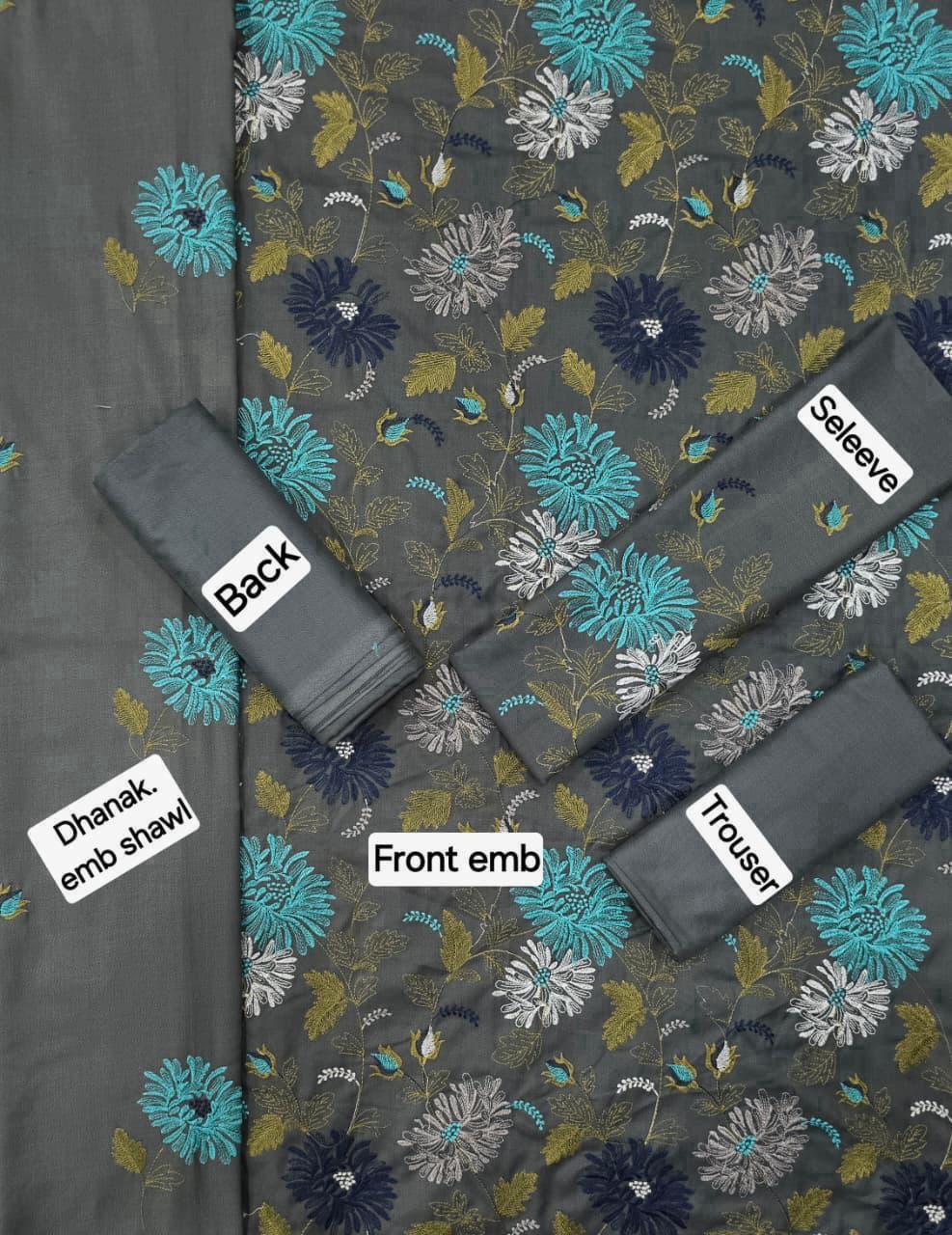 Dhanak Embroidered 3-Piece Suit with Matching Dhanak Embroidered Dupatta