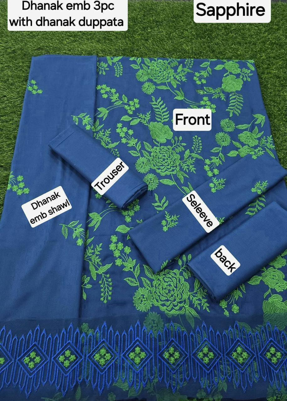 Dhanak Embroidered 3-Piece Suit with Matching Dhanak Embroidered Dupatta