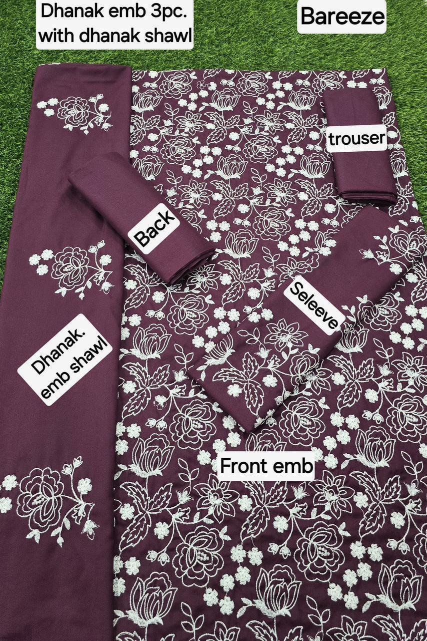 Dhanak Embroidered 3-Piece Suit with Matching Dhanak Embroidered Dupatta