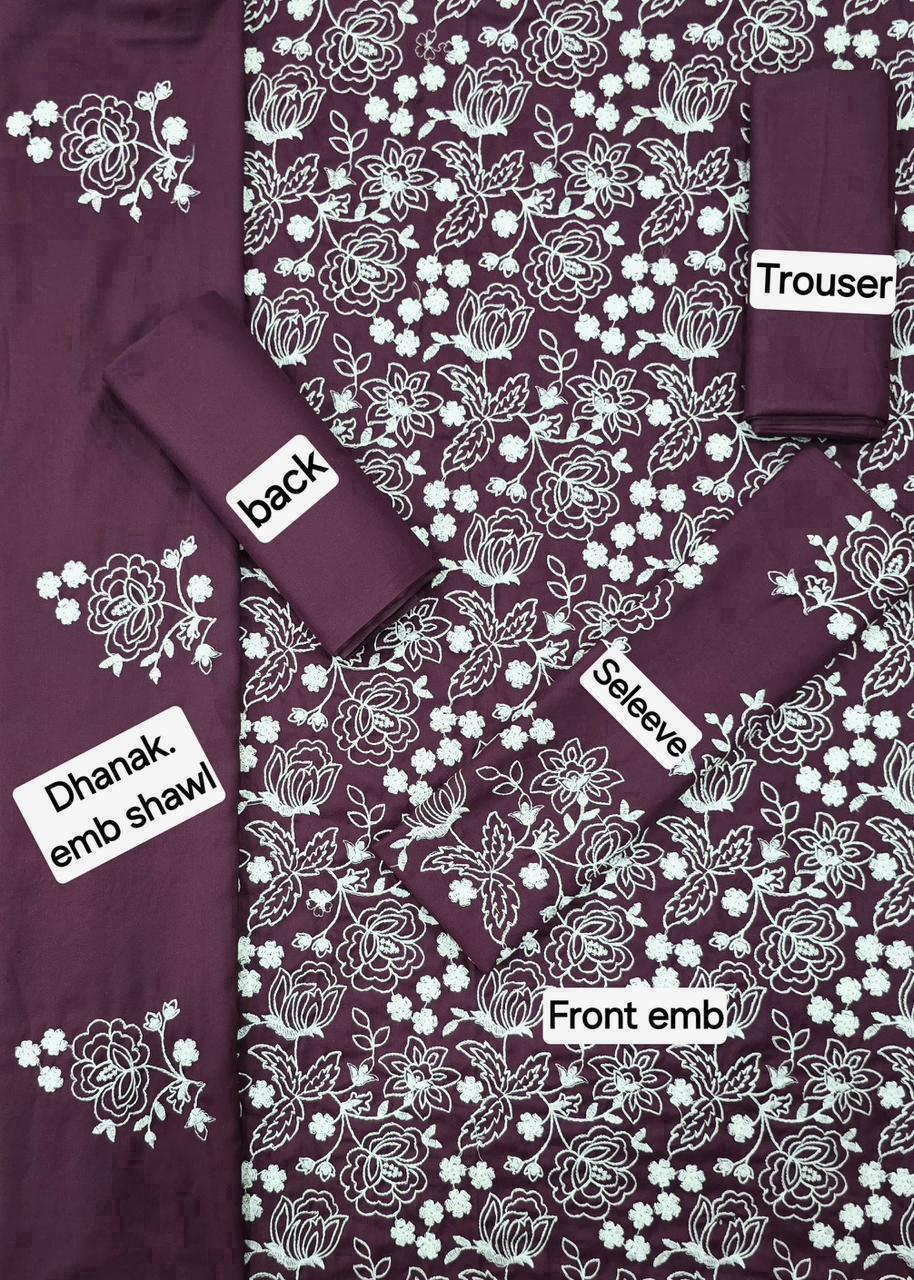 Dhanak Embroidered 3-Piece Suit with Matching Dhanak Embroidered Dupatta