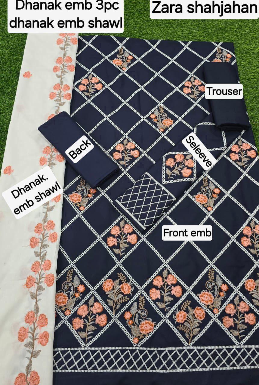 Dhanak Embroidered 3-Piece Suit with Matching Dhanak Embroidered Dupatta