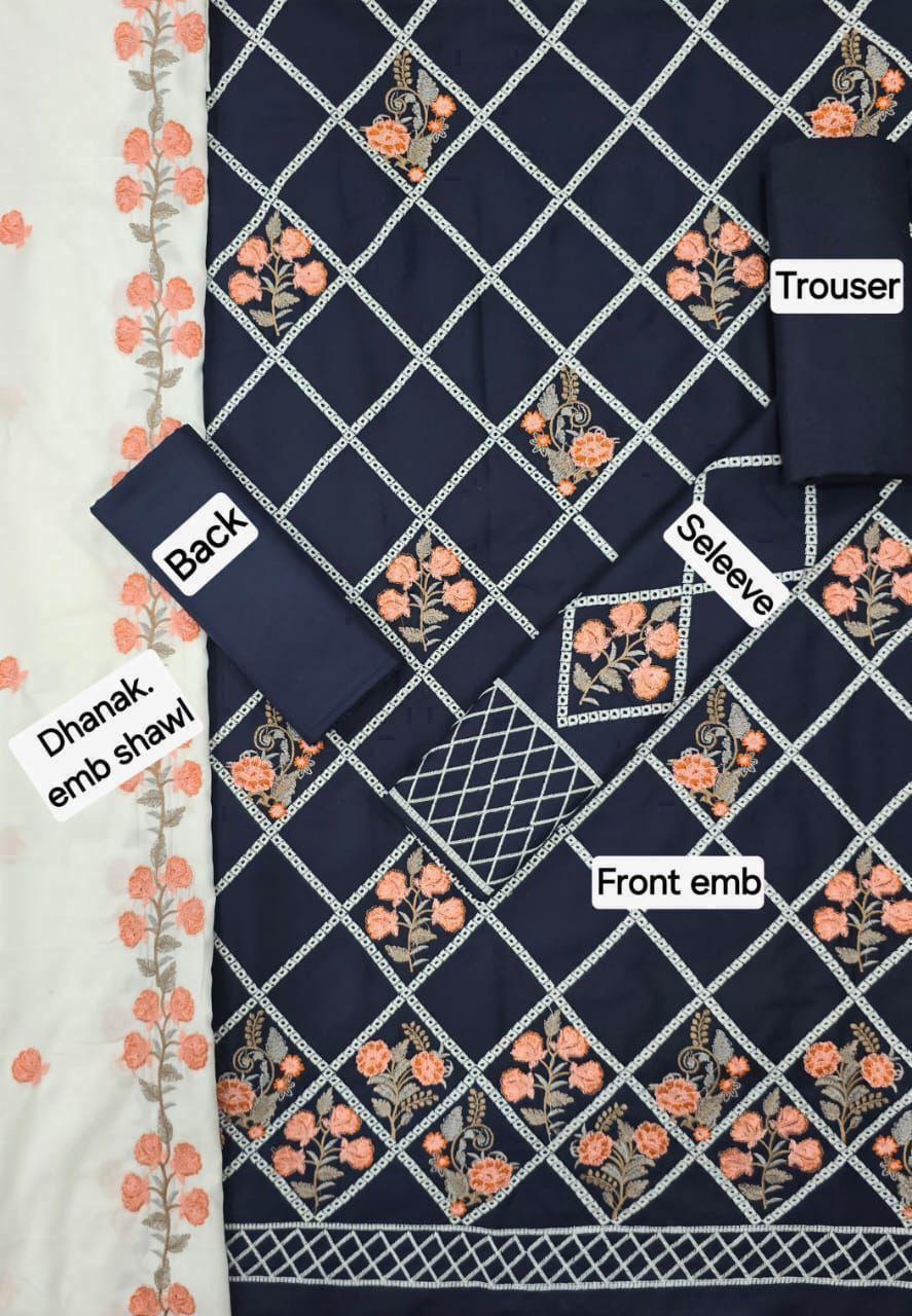Dhanak Embroidered 3-Piece Suit with Matching Dhanak Embroidered Dupatta