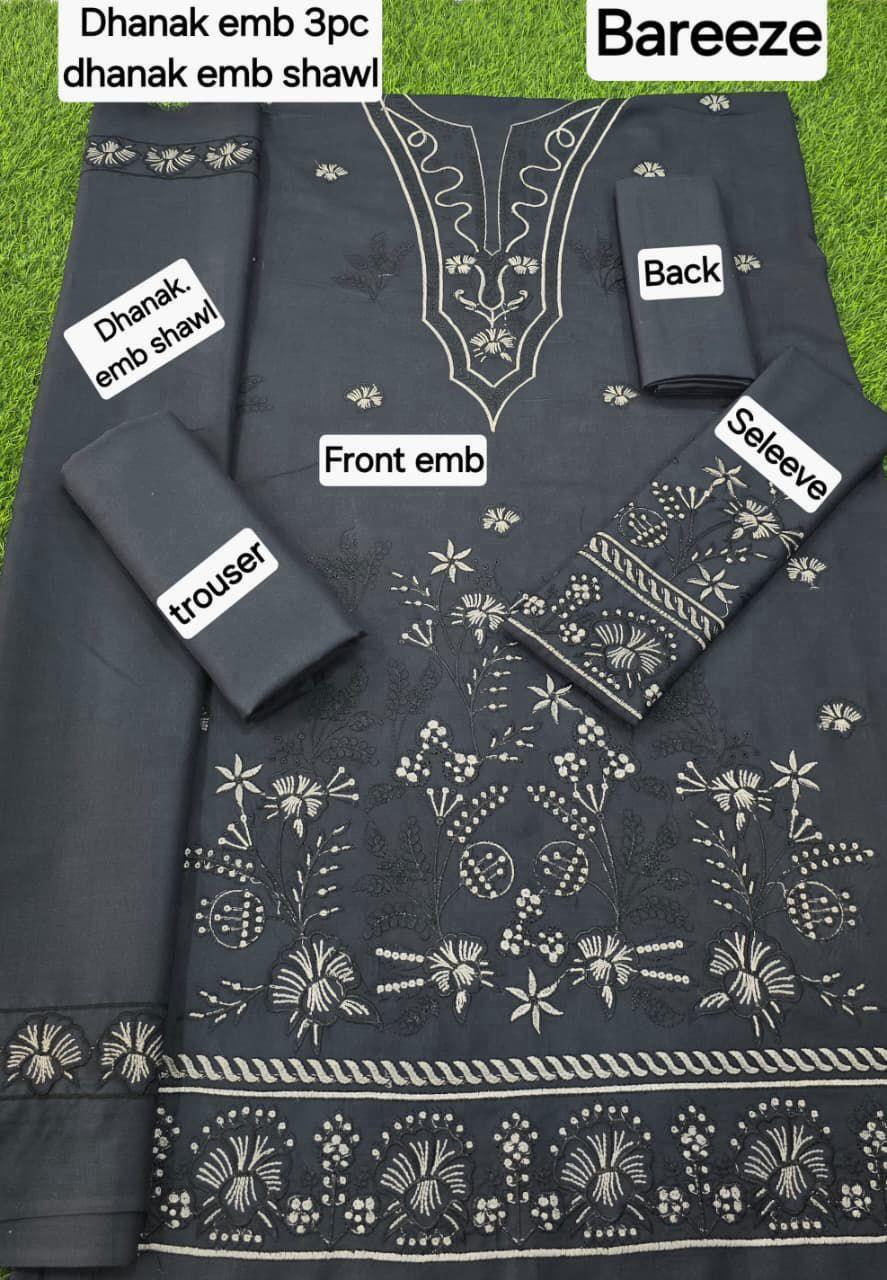 Dhanak Embroidered 3-Piece Suit with Matching Dhanak Embroidered Dupatta