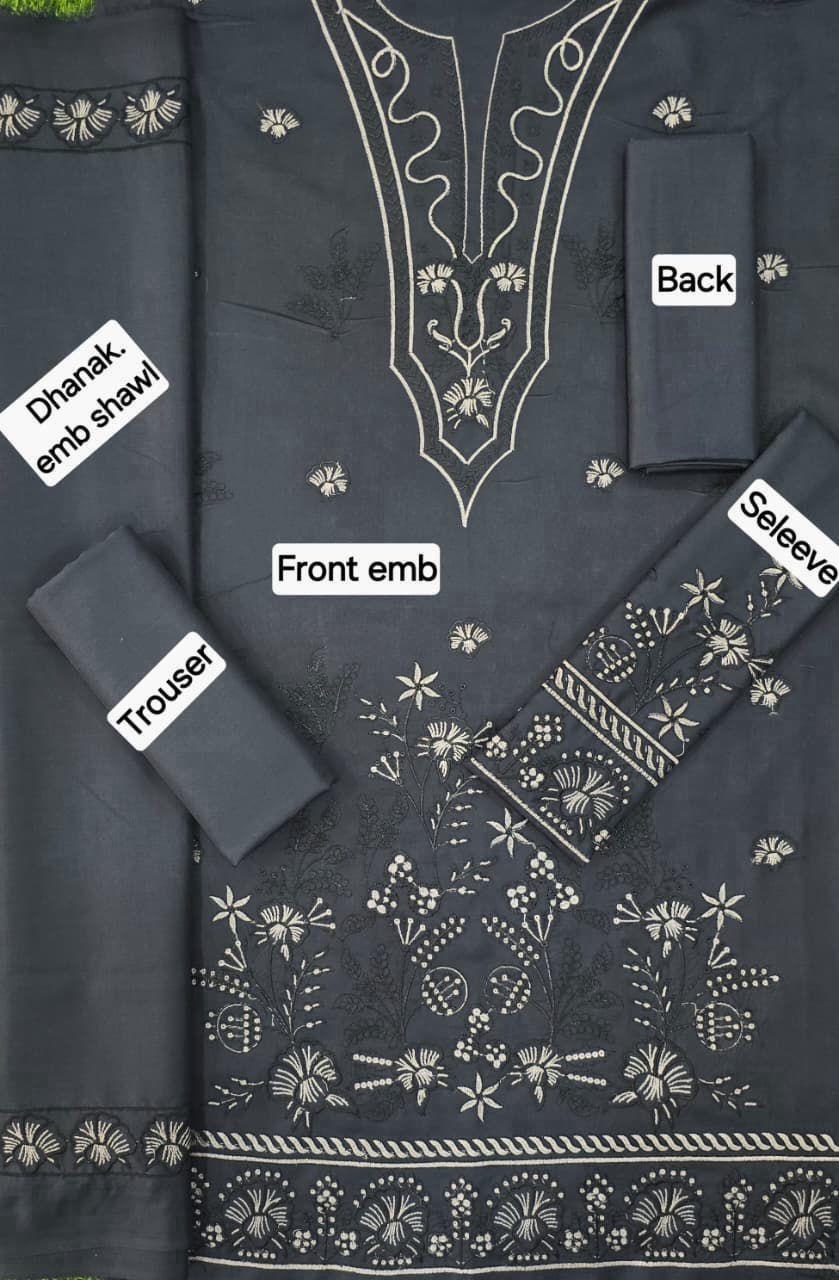Dhanak Embroidered 3-Piece Suit with Matching Dhanak Embroidered Dupatta