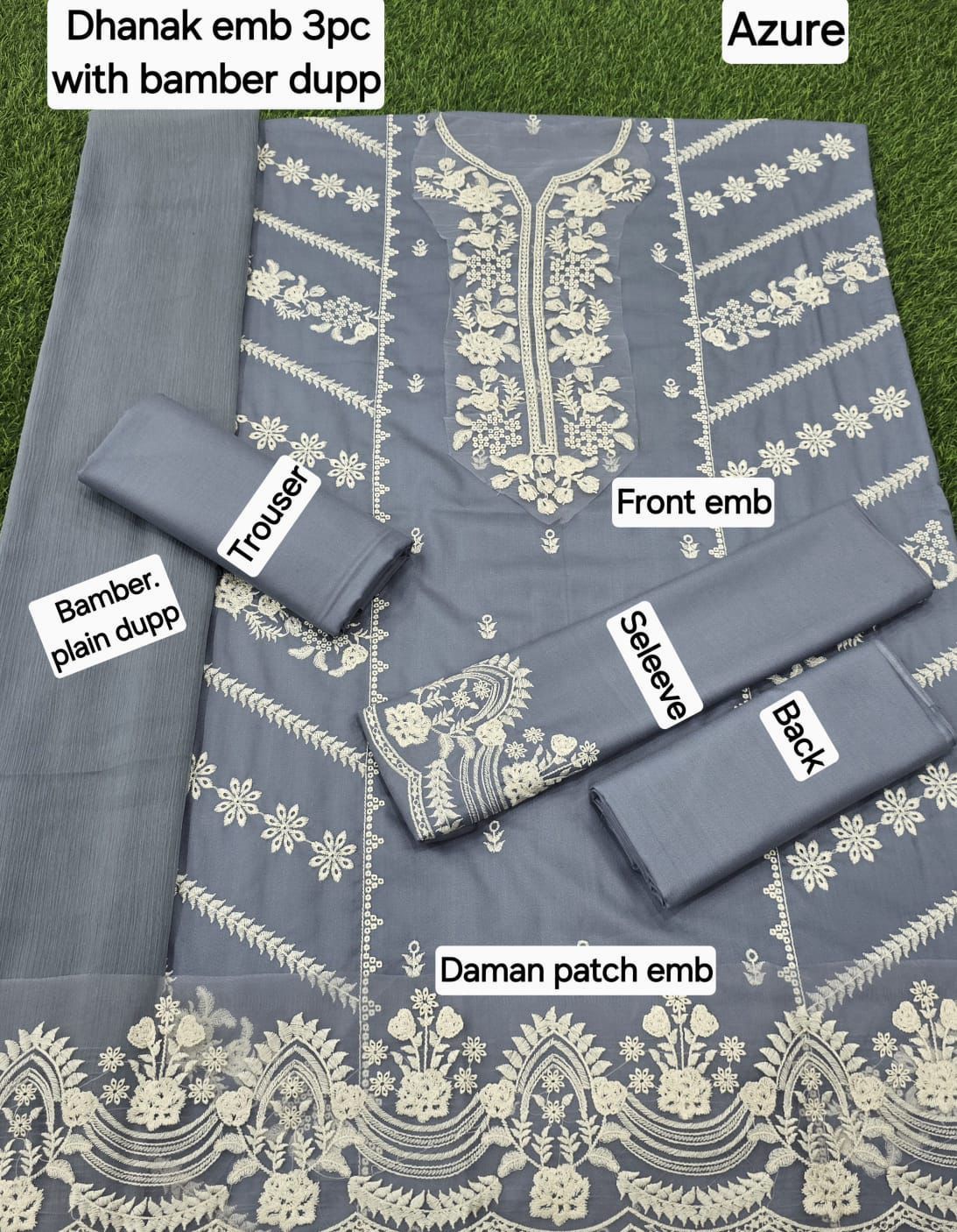 Dhanak Embroidered 3-Piece Suit with Bamber Embroidered Dupatta