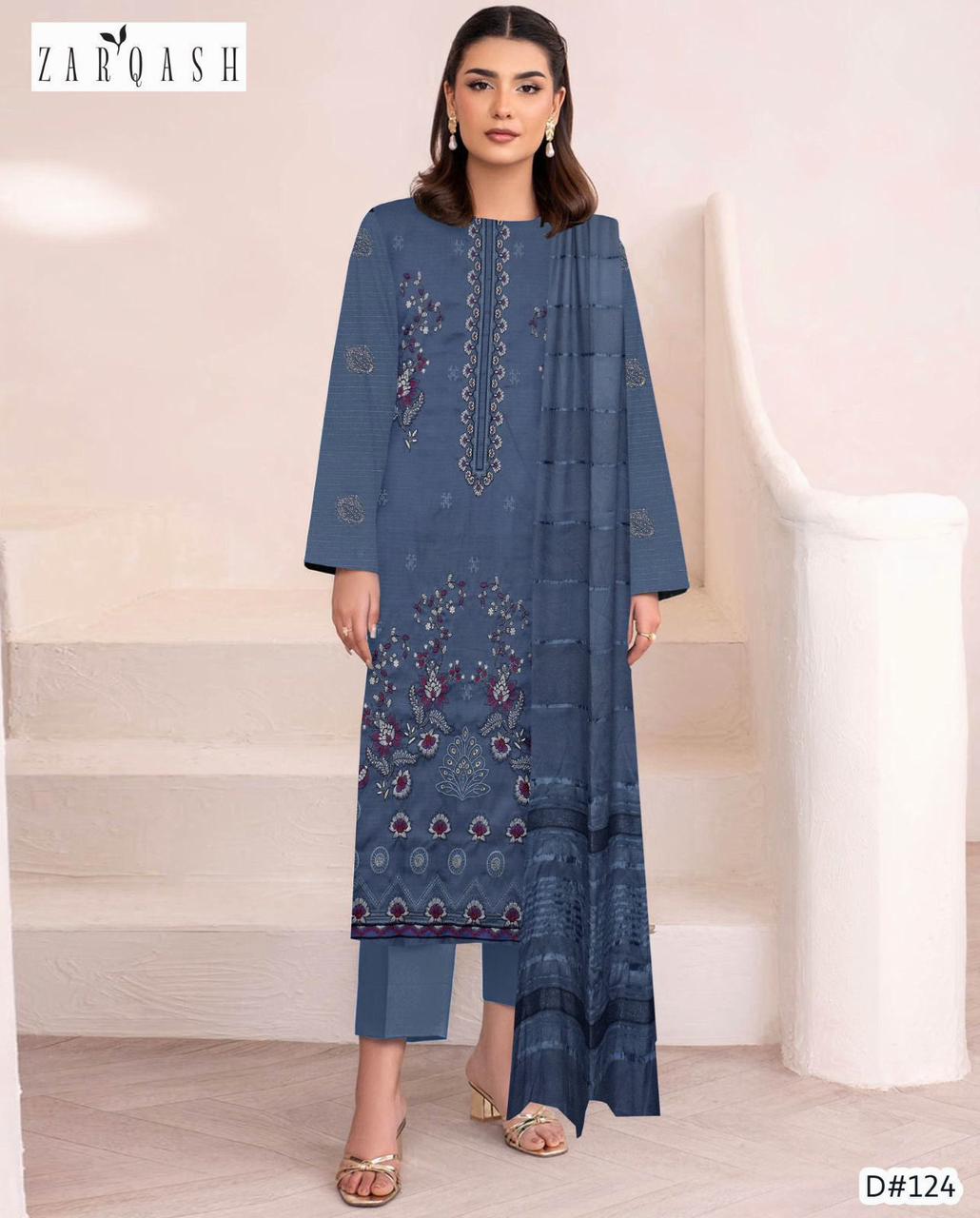 Banadora Premium Dhanak Embroidered 3-Piece Suit + Velvet Chamki Shawl