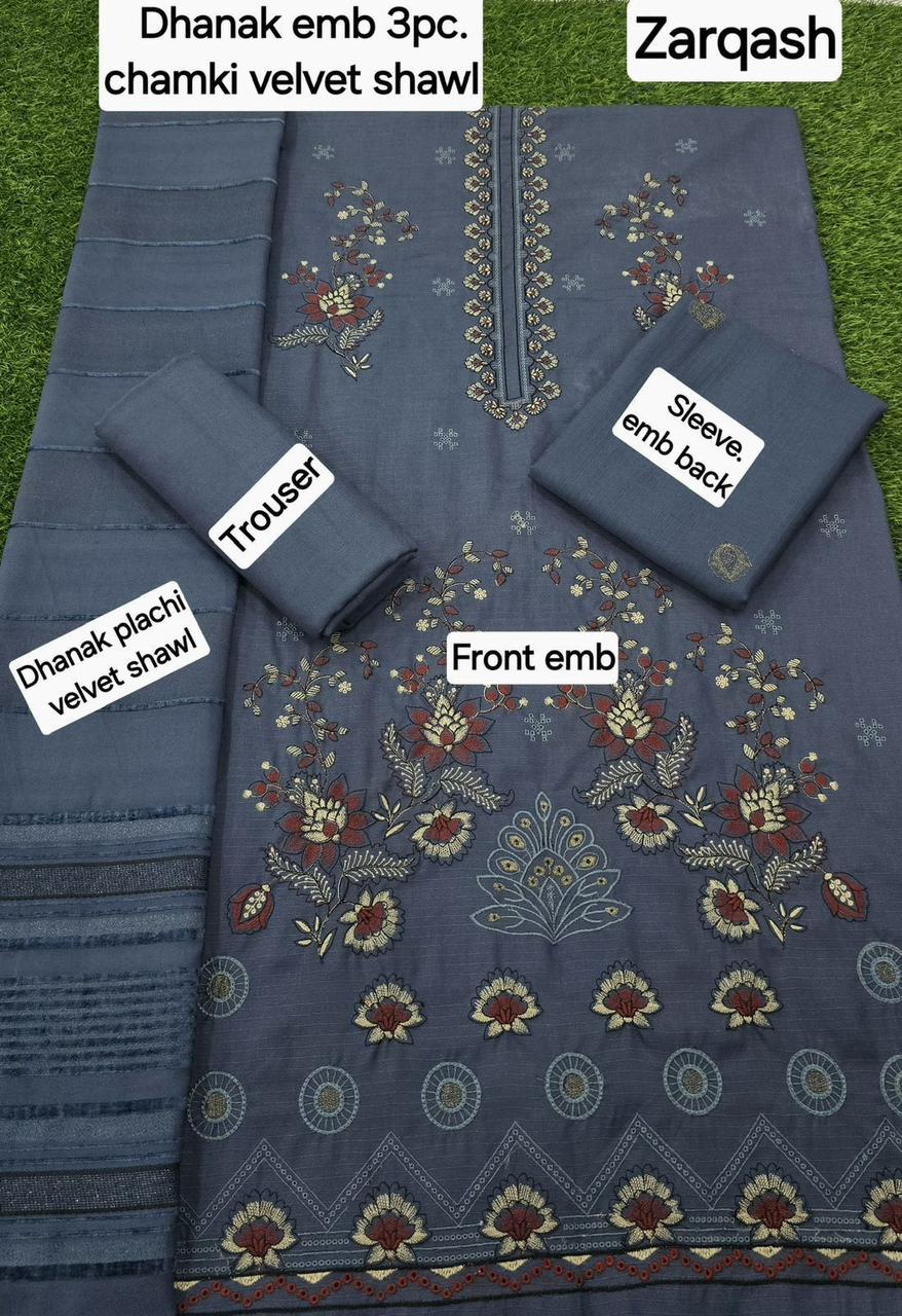 Banadora Premium Dhanak Embroidered 3-Piece Suit + Velvet Chamki Shawl
