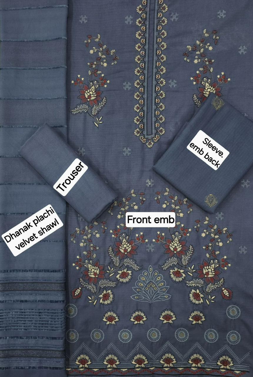 Banadora Premium Dhanak Embroidered 3-Piece Suit + Velvet Chamki Shawl