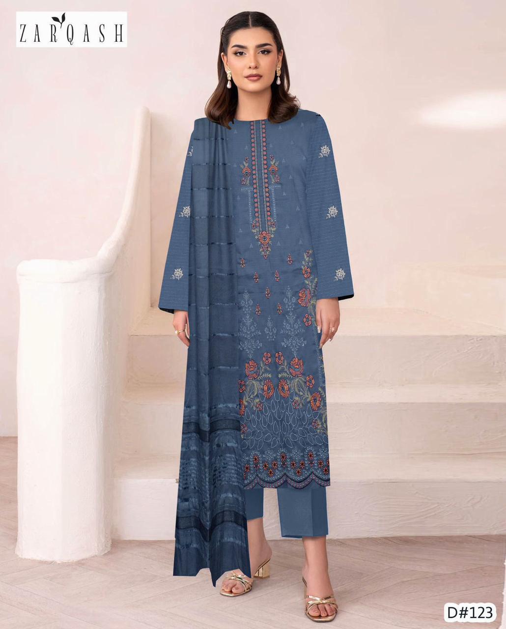 Banadora Premium Dhanak Embroidered 3-Piece Suit + Velvet Chamki Shawl