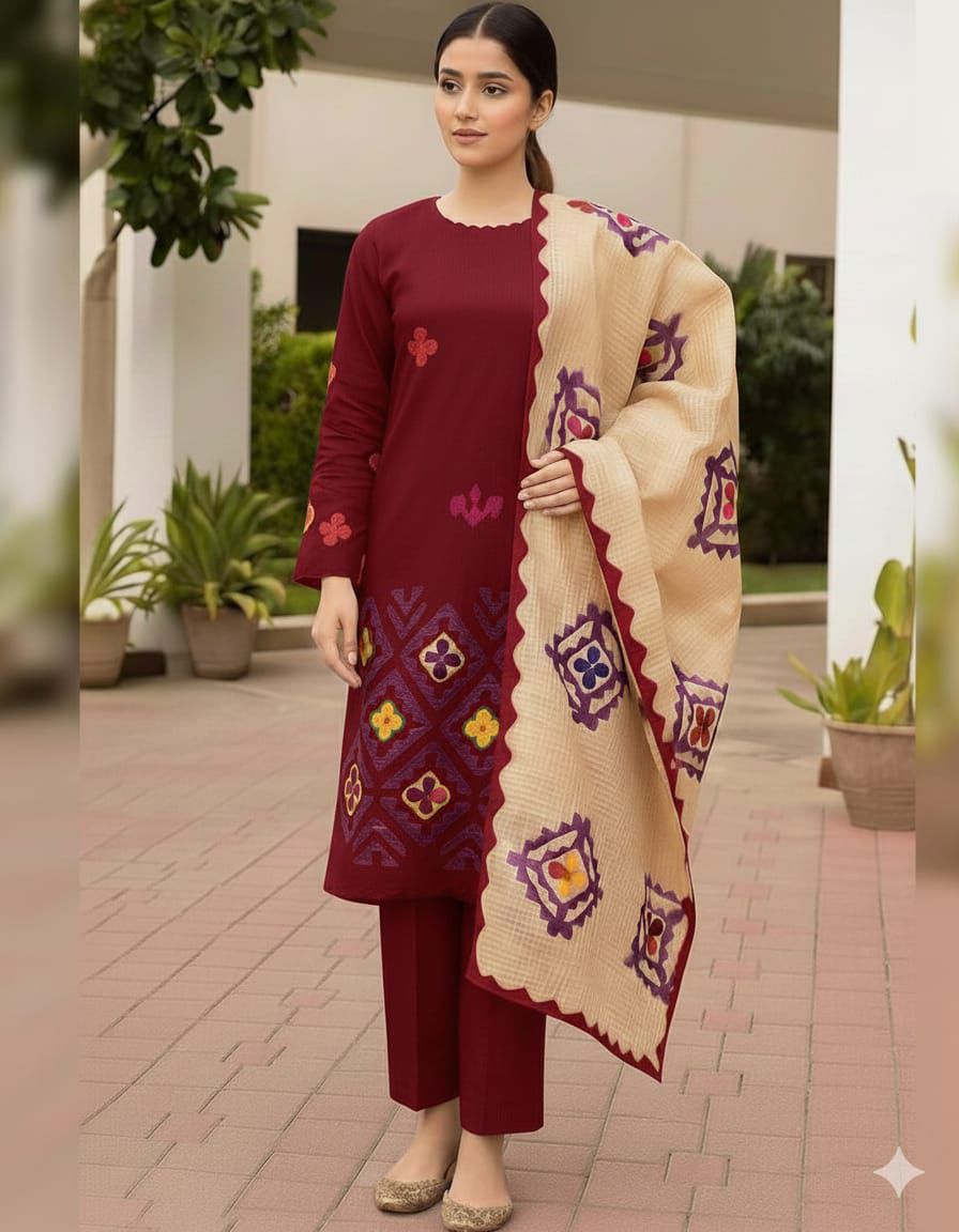 Premium Khaddar Jaal Embroidery – Unstitched 3pc Dress