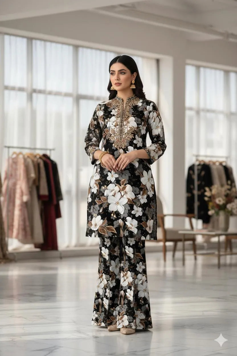 Chic Black Printed Suit -- 2 Pcs Lawn Fabric Ensemble