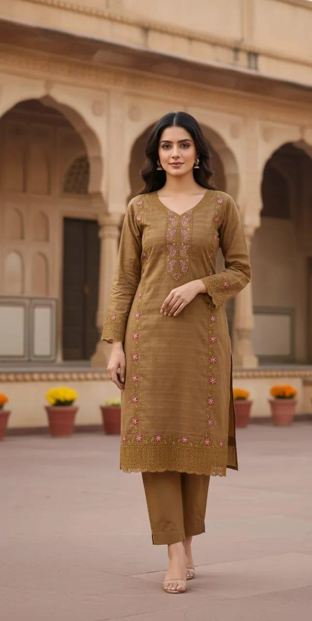 Brown Embroidered Linen Suit with Chiffon Dupatta - 3 Pcs