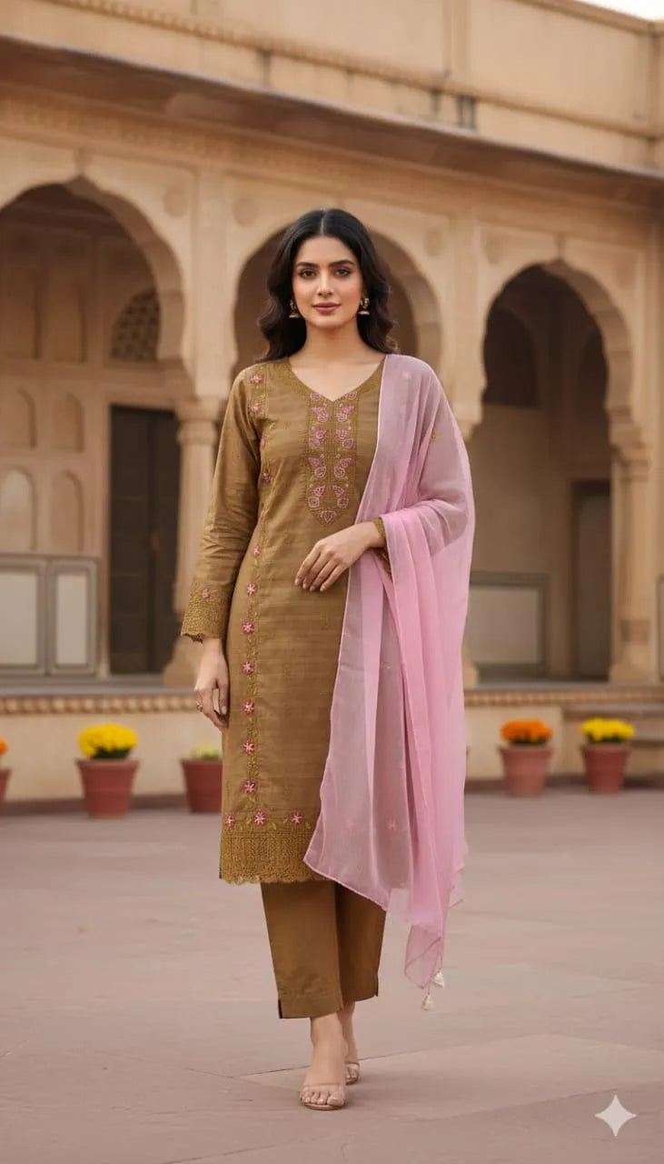 Brown Embroidered Linen Suit with Chiffon Dupatta - 3 Pcs