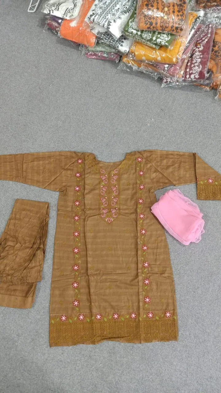 Brown Embroidered Linen Suit with Chiffon Dupatta - 3 Pcs