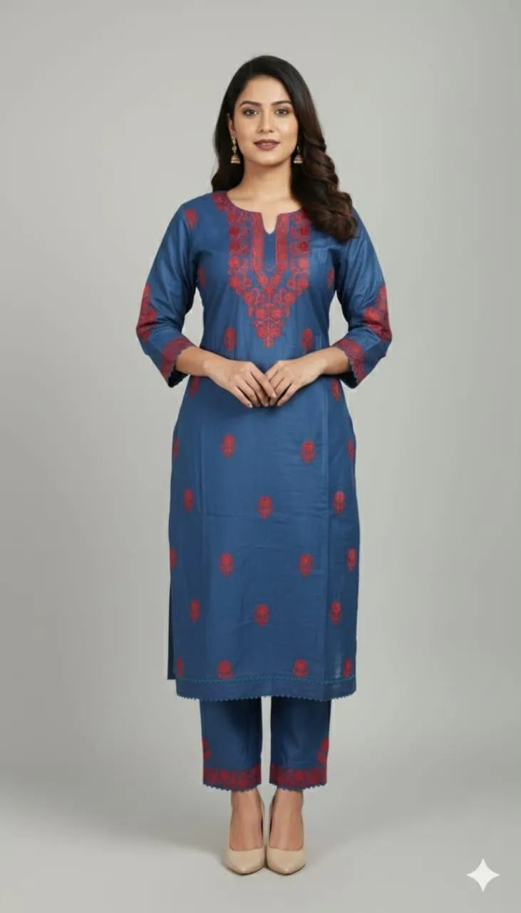 Exquisite Women's Stitched Suit - Embroidered Linen Ensemble with 3 Pcs in Blue