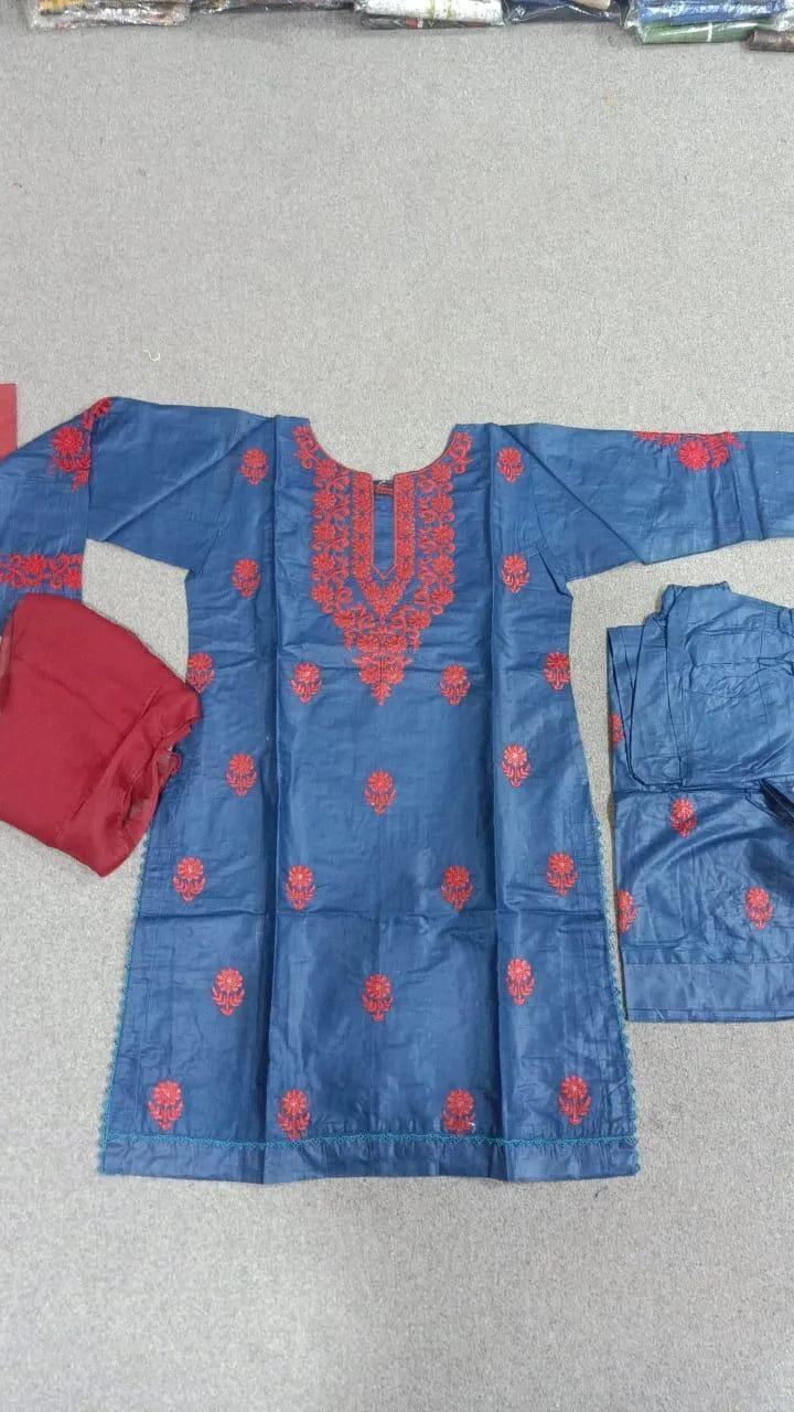 Exquisite Women's Stitched Suit - Embroidered Linen Ensemble with 3 Pcs in Blue