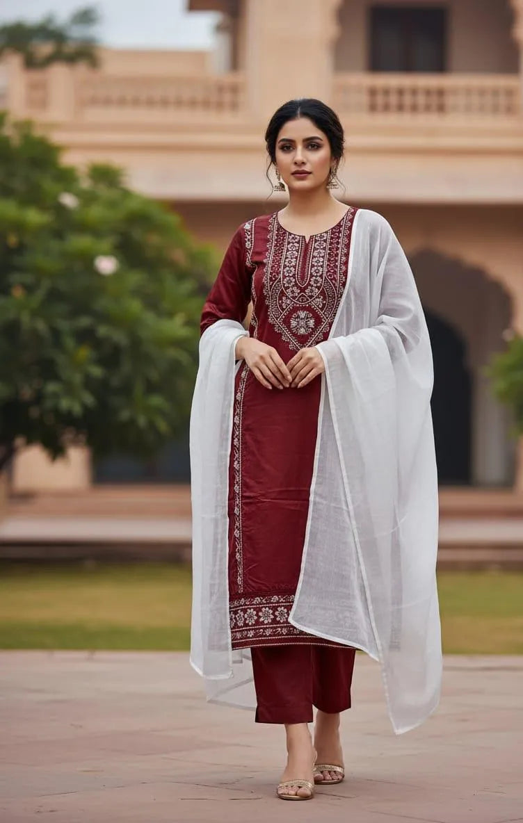 Elegant Maroon Embroidered Linen Suit - 3 Pcs Set for Women
