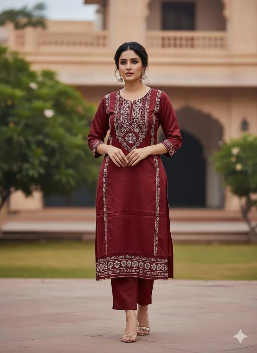 Elegant Maroon Embroidered Linen Suit - 3 Pcs Set for Women