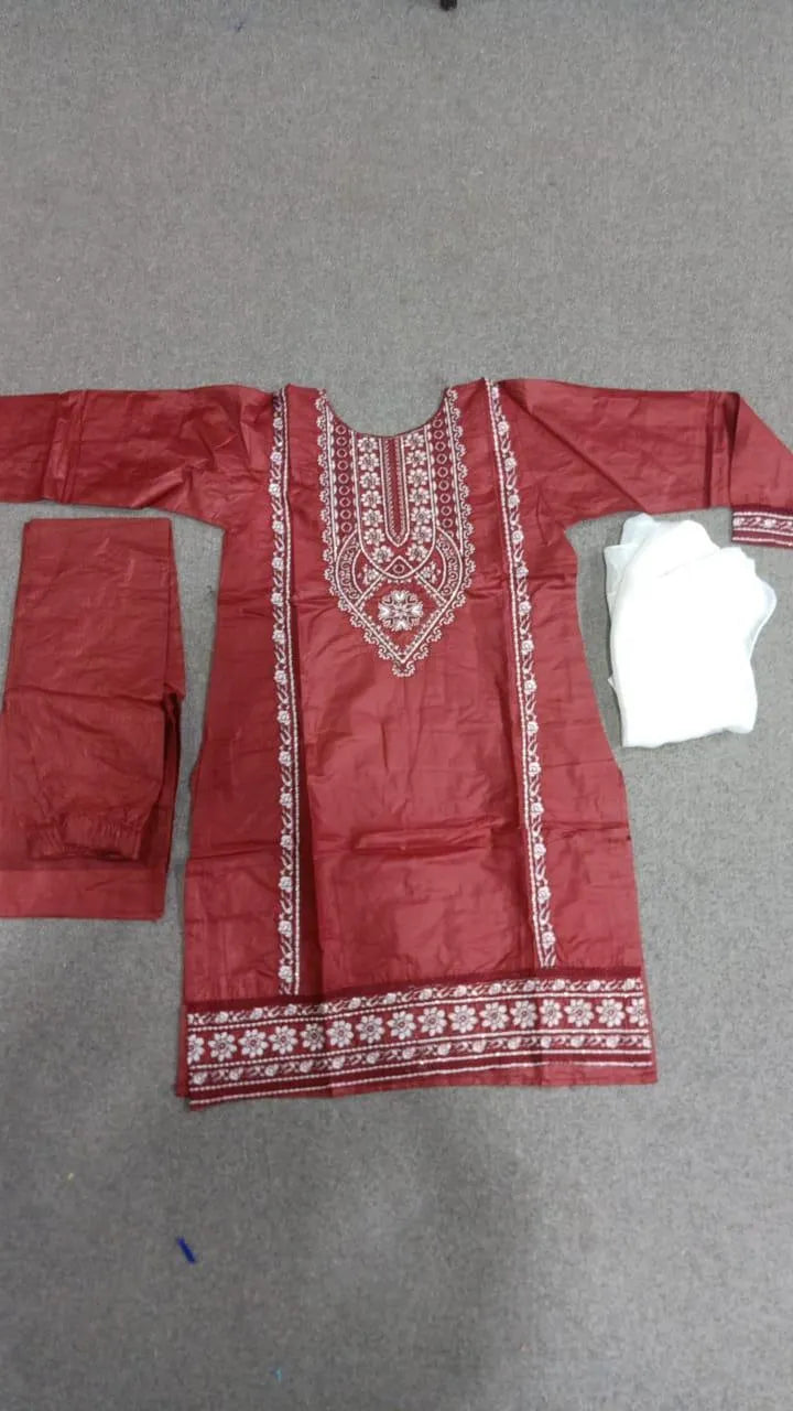 Elegant Maroon Embroidered Linen Suit - 3 Pcs Set for Women
